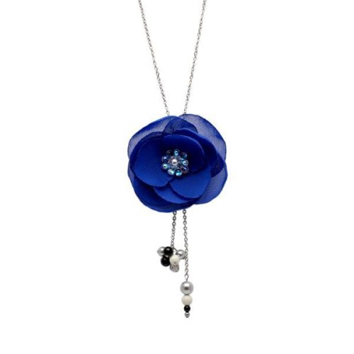 Colier lung elegant, perle swarovski, otel inoxidabil, floare albastra, glory, zia fashion