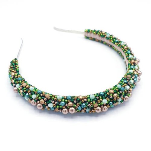 Coronita par cu perle si cristale verde - auriu, handmade, iris, zia fashion