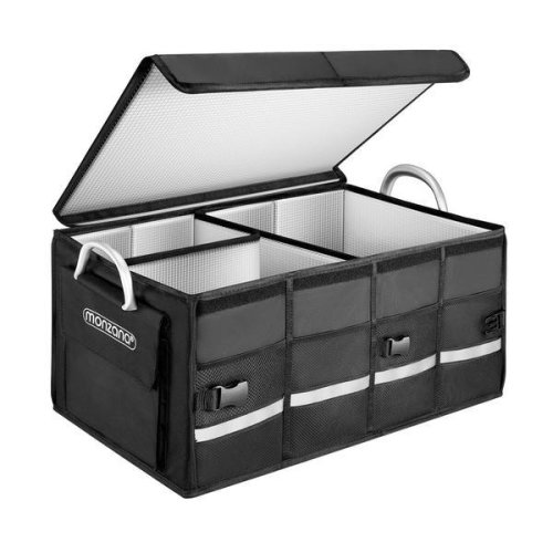  cutie organizare portbagaj cu izolatie, impermeabila, pliabila, 3 compartimente, buzunare exterioare, 63 l, 60 x 35 x 30 cm, negru