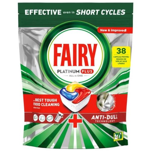 Detergent capsule pentru masina de spalat vase - fairy platinum plus anti-dull all in one, 38 capsule
