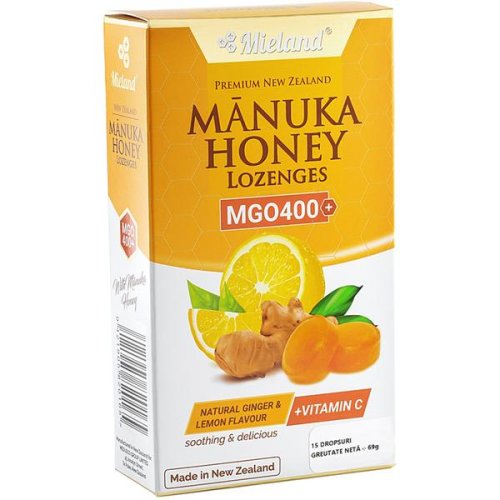 Dropsuri cu miere de manuka, ghimbir, lamaie si vitamina c mieland manuka honey mgo400, 15 buc