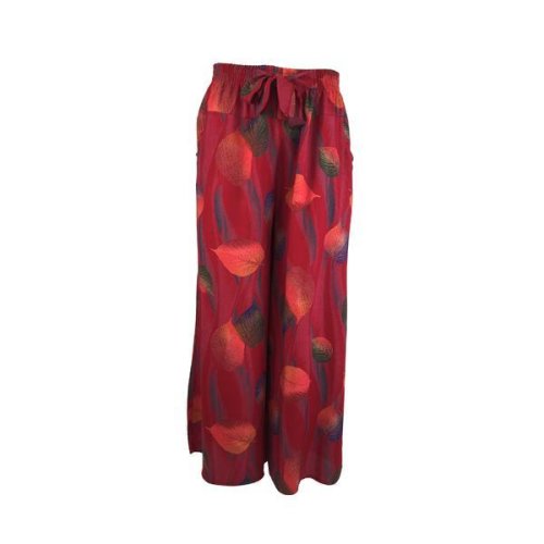 Fusta-pantalon, univers fashion, rosu cu imprimeu frunze, 2 buzunare, cordon si elastic la talie, xl