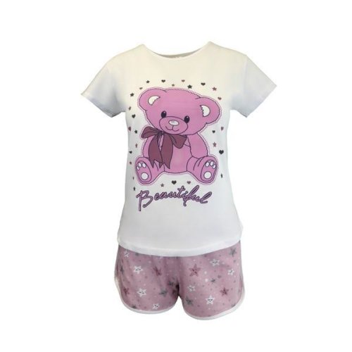 Pijama dama, univers fashion, bluza alba cu imprimeu ursulet, pantaloni scurti roz cu imprimeu stele, m