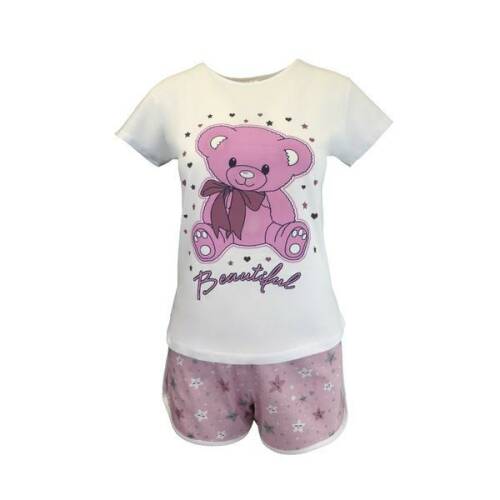 Pijama dama, univers fashion, bluza alba cu imprimeu ursulet, pantaloni scurti roz cu imprimeu stele, s