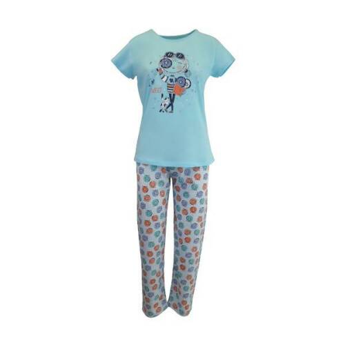 Pijama dama, univers fashion, bluza albastru cu imprimeu feta si pisica, pantaloni albastru deschis cu imprimeu pisici, l