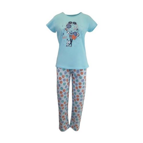 Pijama dama, univers fashion, bluza albastru cu imprimeu feta si pisica, pantaloni albastru deschis cu imprimeu pisici, m
