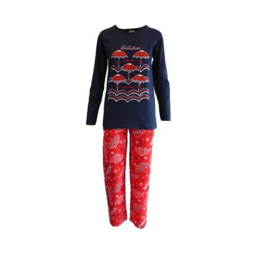 Pijama dama, univers fashion, bluza albastru cu imprimeu umbrele, pantaloni rosu cu imprimeu umbrele, 2xl