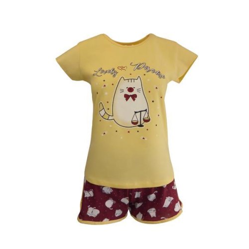 Pijama dama, univers fashion, bluza galben cu imprimeu pisica, pantaloni scurti grena cu imprimeu pisici, m