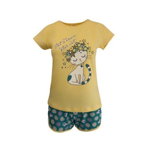 Pijama dama, univers fashion, bluza galben cu imprimeu pisica, pantaloni scurti verde cu imprimeu buline, s