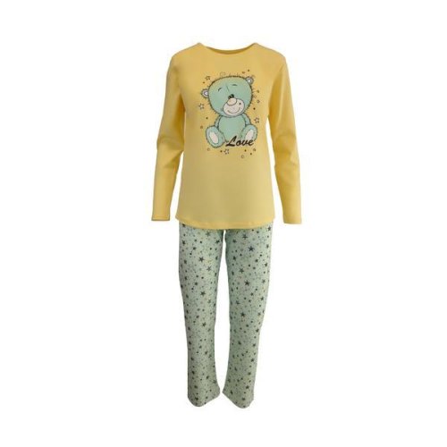 Pijama dama, univers fashion, bluza galben cu imprimeu ursulet, pantaloni verde deschis cu imprimeu stele, s