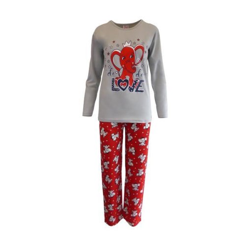 Pijama dama, univers fashion, bluza gri cu imprimeu elefant, pantaloni rosu cu imprimeu elefanti, m