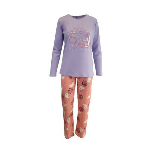 Pijama dama, univers fashion, bluza mov cu imprimeu pisici, pantaloni corai cu imprimeu semiluna, s