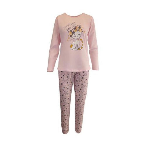 Pijama dama, univers fashion, bluza roz cu imprimeu pisica, pantaloni roz cu imprimeu stele, s