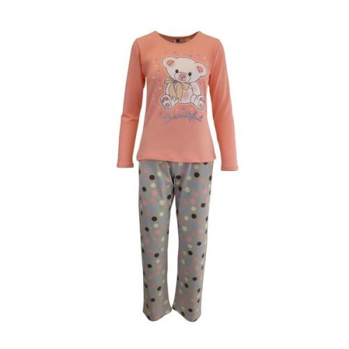 Pijama dama, univers fashion, bluza roz somon cu imprimeu ursulet, pantaloni gri deschis cu imprimeu buline, l