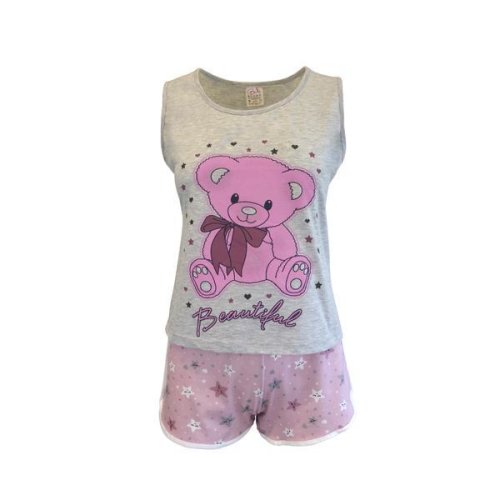 Pijama dama, univers fashion, maiou gri cu imprimeu ursulet, pantaloni scurti roz cu imprimeu stele, s