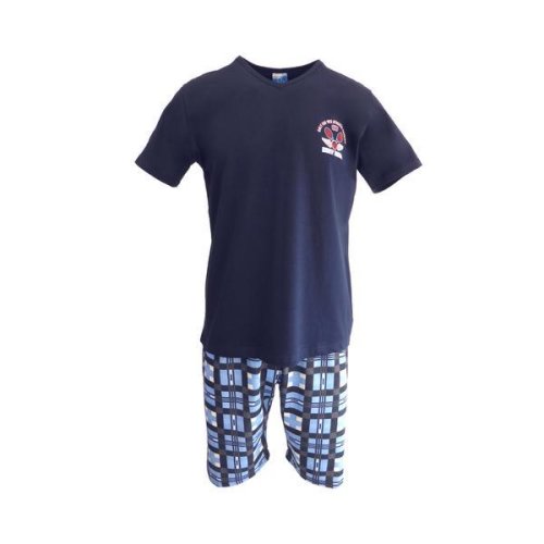 Pijama pentru barbat, univers fashion, bluza albastru inchis cu imprimeu 'dirt bike' pe piept, pantaloni scurti albastru deschis cu imprimeu carouri, l