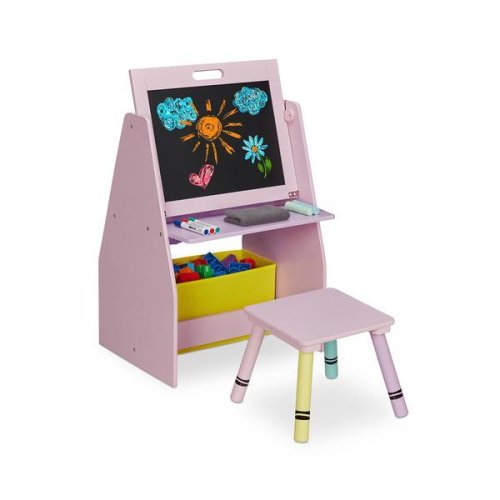 Raft depozitare camera copiilor cu tabla pentru desenat, scaunel inclus, lemn, lila