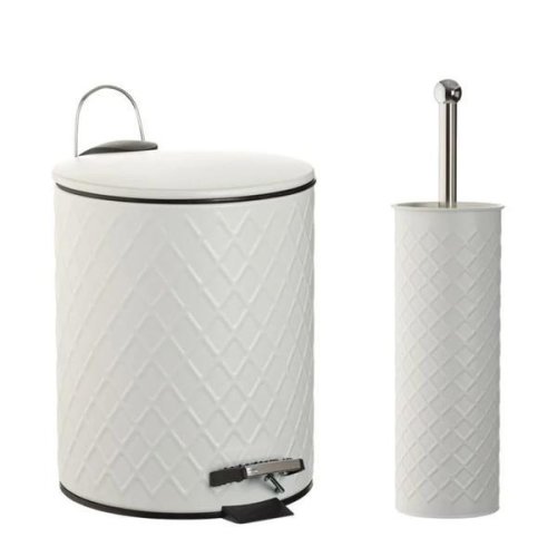 Set 2 accesorii pentru baie format din cos de gunoi si perie wc cu suport , metal,alb