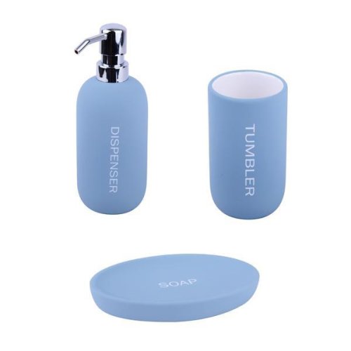 Set 3 accesorii pentru baie format din savoniera, dozator sapun si pahar igiena dentara, ceramica cauciucata, albastru