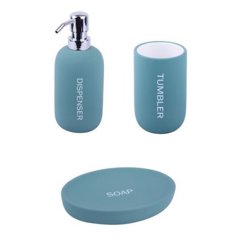 Set 3 accesorii pentru baie format din savoniera, dozator sapun si pahar igiena dentara, ceramica, verde