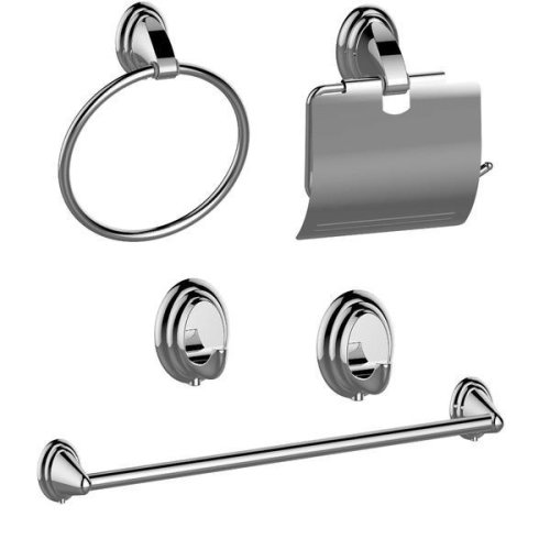 Set 5 accesorii pentru baie, format din suport prosop tip bara, suport prosop tip inel, 2 cuiere si un suport pentru hartie igienica oem