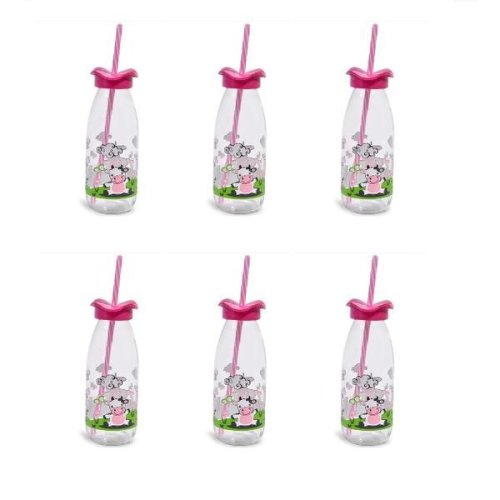 Set 6 recipiente tip sticla cu capac ondulat si pai, design animalute, 500 ml, multicolor