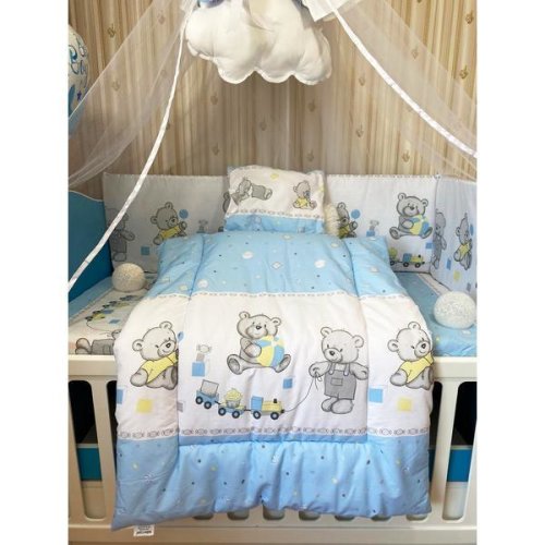 Set lenjerie patut bumbac bebe royal 120*60 cm - 7 piese - urs, bomboane albastru