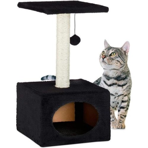 Stalp de zgariat pentru pisici, cu minge de joc si capac de plus, negru, 31 x 31 x 56 cm