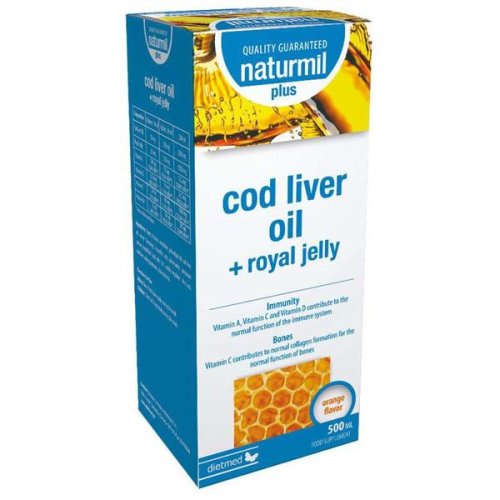 Supliment alimentar cu ulei din ficat de cod si laptisor de matca - naturmil cod liver oil + royal jelly, 500 ml