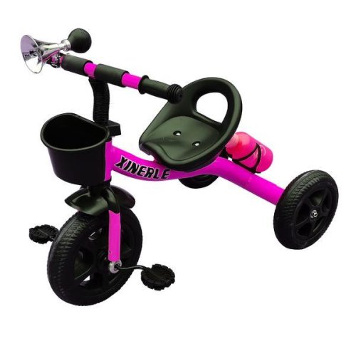 Tricicleta cu pedale pentru copii 3 - 6 ani, roti din cauciuc eva, roz, cadru metalic, cosulet pentru jucarii, claxon si sticla cu suport, oem