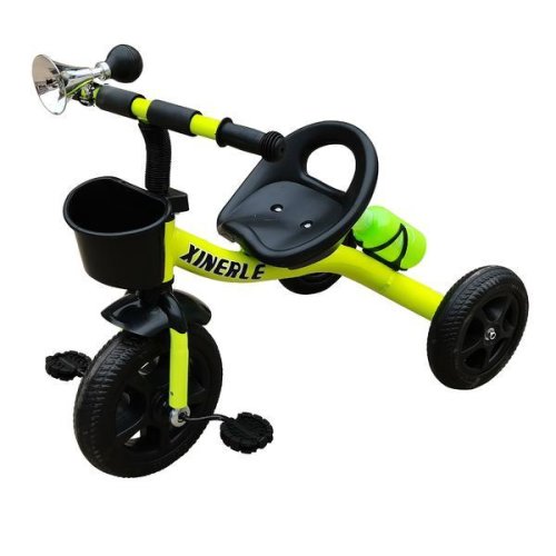 Tricicleta cu pedale pentru copii 3 - 6 ani, roti din cauciuc eva, verde, cadru metalic, cosulet pentru jucarii, claxon si sticla cu suport, oem