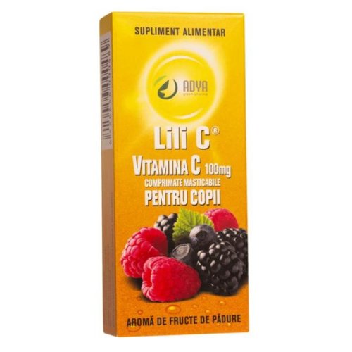 Vitamina c 100 mg cu aroma de fructe de padure pentru copii adya green pharma, 30 comprimate