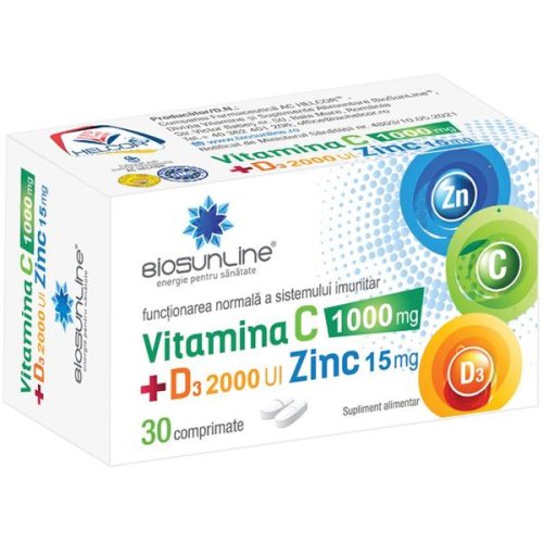 Vitamina c 1000 mg, d3 2000 ui, zinc 15 mg biosunline, helcor, 30 comprimate