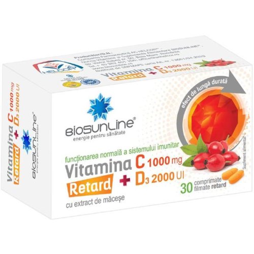 Vitamina c 1000 mg retard si d3 2000 ui biosunline, helcor, 30 comprimate