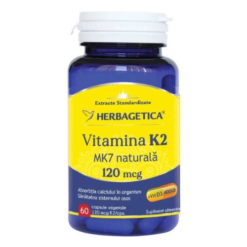 Vitamina k2 mk7 naturala 120 mg herbagetica, 60 capsule vegetale