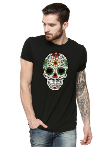 Tricou barbati negru - sugar skull colorful
