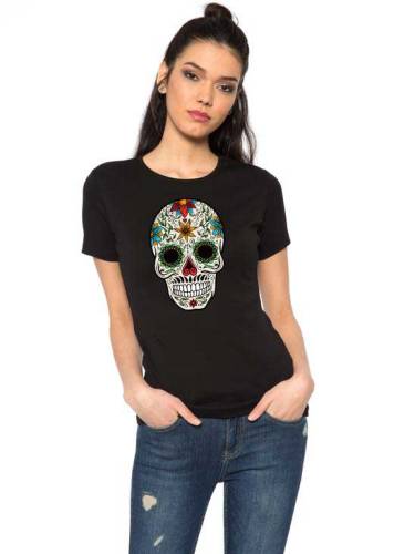Tricou dama negru - sugar skull colorful