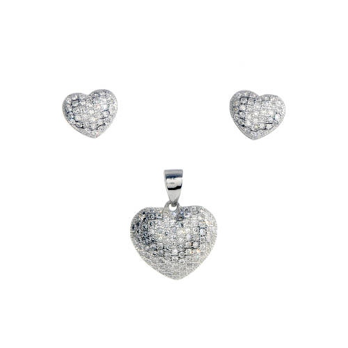 Set cercei si pandantiv din argint 925 rodiat in forma de inima cu zirconiu alb, inchizatoare tija