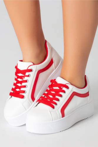Pantofi sport albi cu dunga si sireturi rosii