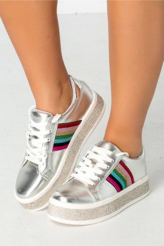 Pantofi sport argintii cu strasuri si insertii colorate