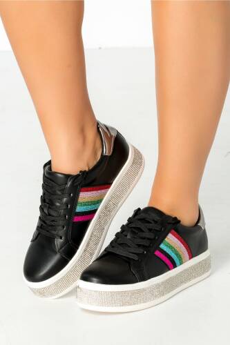 Pantofi sport negri cu strasuri si insertii colorate