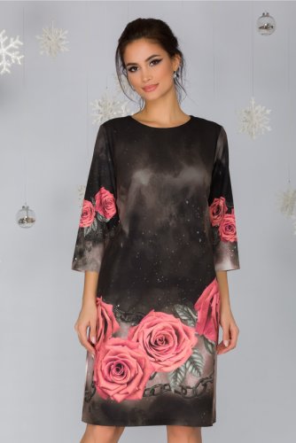 Rochie adriana neagra cu imprimeu in degrade si trandafiri roz