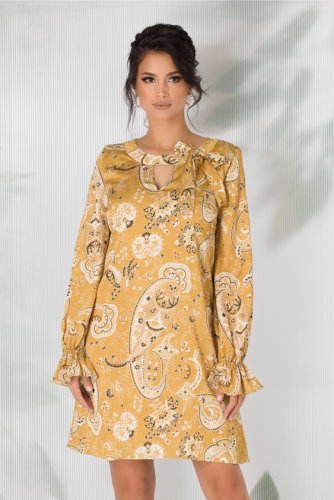 Rochie aisha galben mustar cu imprimeuri florale stil mandala
