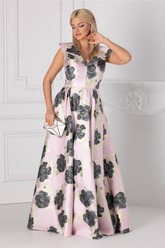 Rochie luxury roz prafuit lunga cu imprimeu floral si detalii aurii