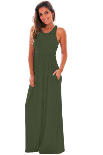 B571-1218 rochie lunga, stil maxi, verde, cu buzunare in fata