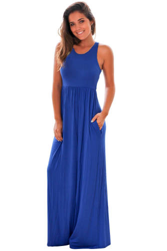 B571-4 rochie lunga, stil maxi, albastra, cu buzunare in fata