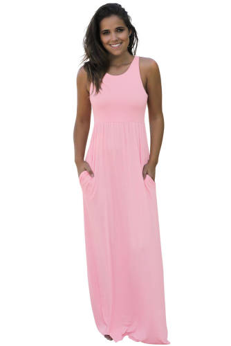 B571-5222 rochie lunga, stil maxi, roz pal, cu doua buzunare in fata