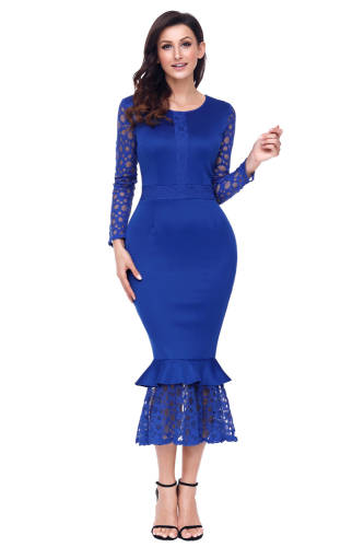 D603-4 rochie albastra de ocazie, accesorizata cu dantela