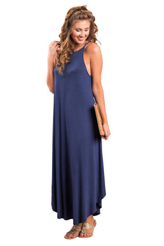 D612-44 rochie bleumarin, stil maxi, fara maneci, model asimetric