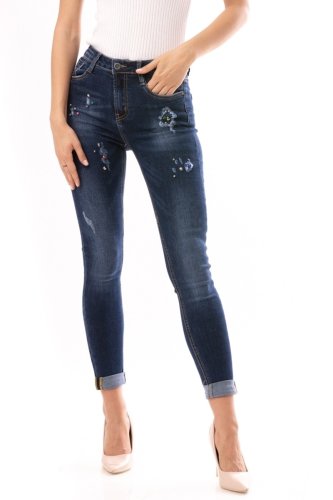 E893-444 jeans skinny, cu talie inalta, accesorizati cu strasuri